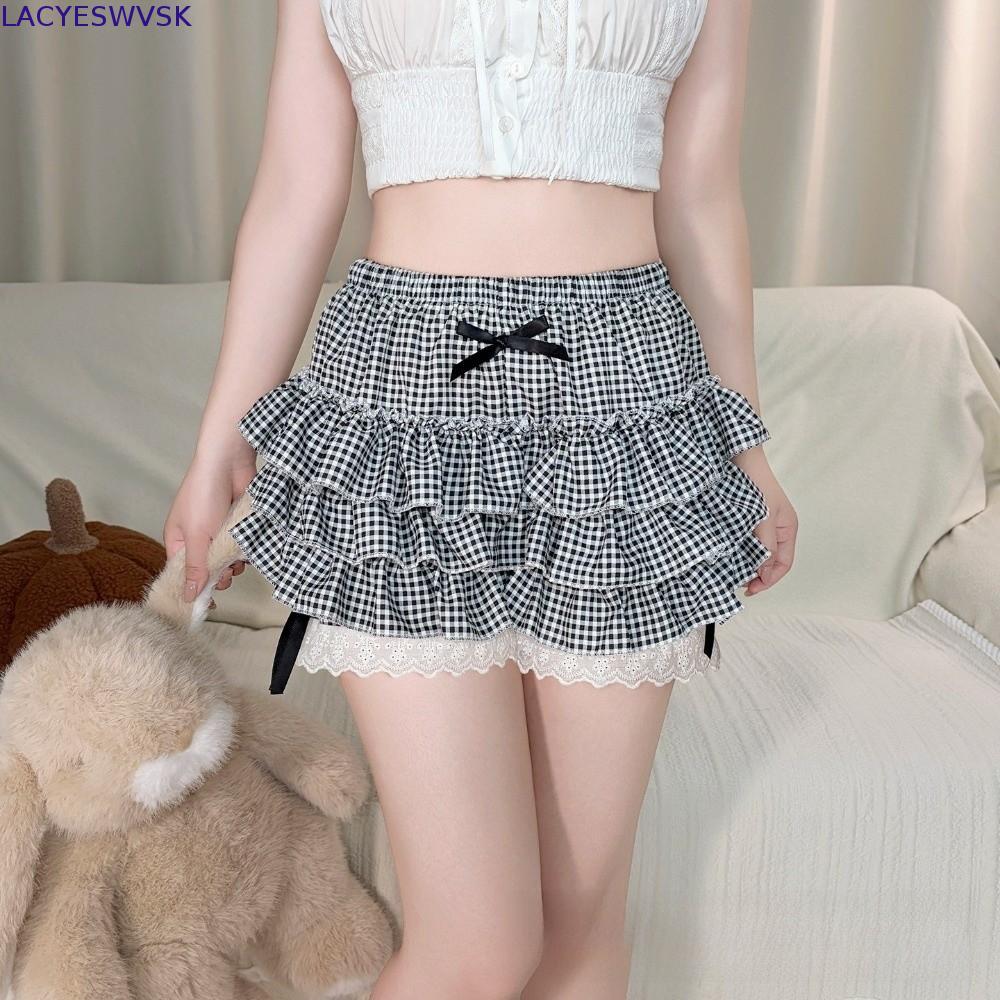 LACYSWVSK Lace Bow Safety Pants, Ruffle JK Lolita Bloomers กางเกงขาสั้น,น่ารักจีบ Puffy Layered Safe