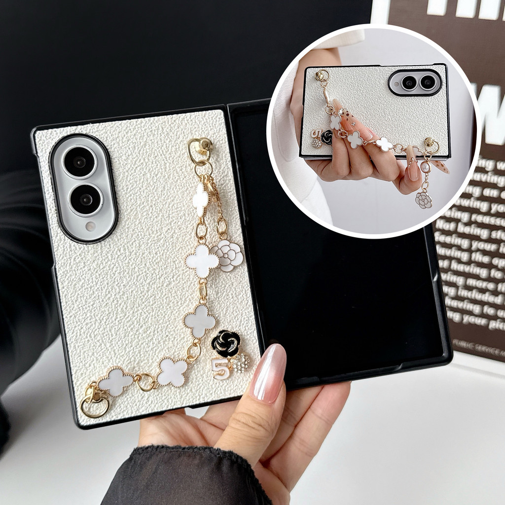 ฝาหลังสําหรับ Samsung Galaxy Z พับ 8 กว้างกรณีดอกไม้สายรัดข้อมือโซ่กันกระแทก Hard Pc เคสโทรศัพท์