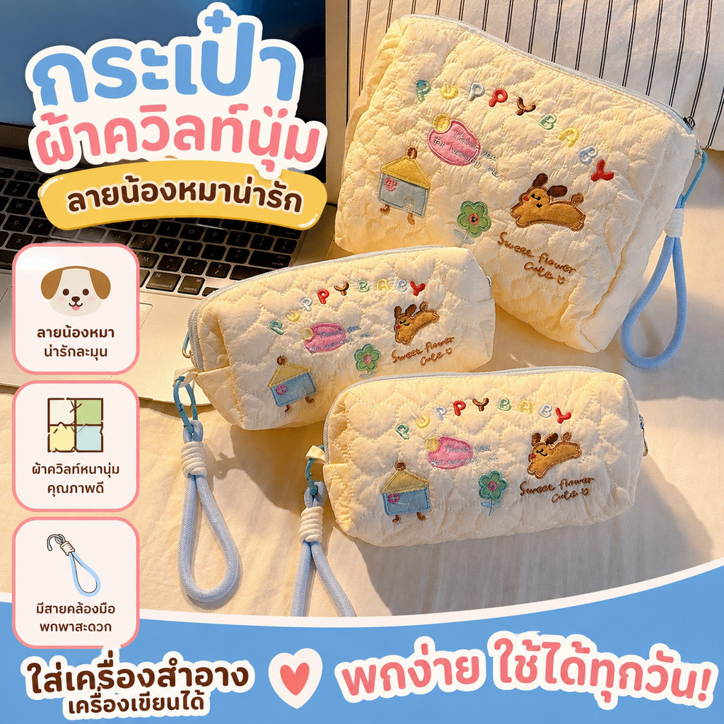 กระเป๋าเครื่องสำอางผ้าควิลท์ปักลายสุนัขการ์ตูนสไตล์ มีสายคล้องมือ ถือพกง่าย ใช้ใส่เครื่องสำอางและเครื่องเขียนได้