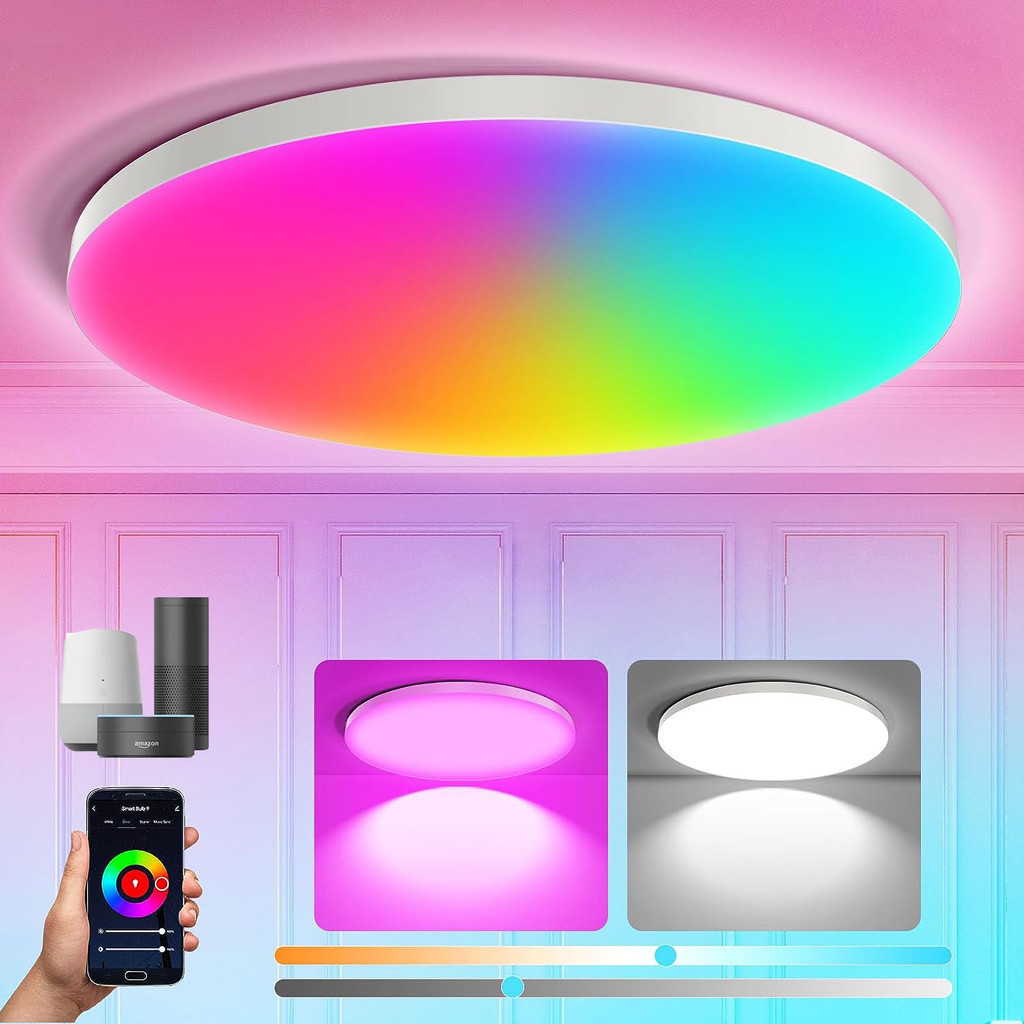 โคมไฟเพดาน LED อัจฉริยะ โคมไฟเพดาน หรี่แสงได้โมเดิร์น เข้ากันได้กับ Alexa&Google Homeโคมไฟสําหรับห้องนอน ห้องครัว ห้องนั่งเล่น,12 นิ้ว