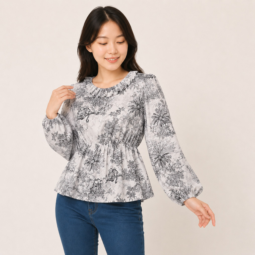 NJW - NACAN HERITAGE BLOUSE | เสื้อเบลาส์ผู้หญิงหรูหราเอวยางยืด | เสื้อสตรีสไตล์เกาหลี