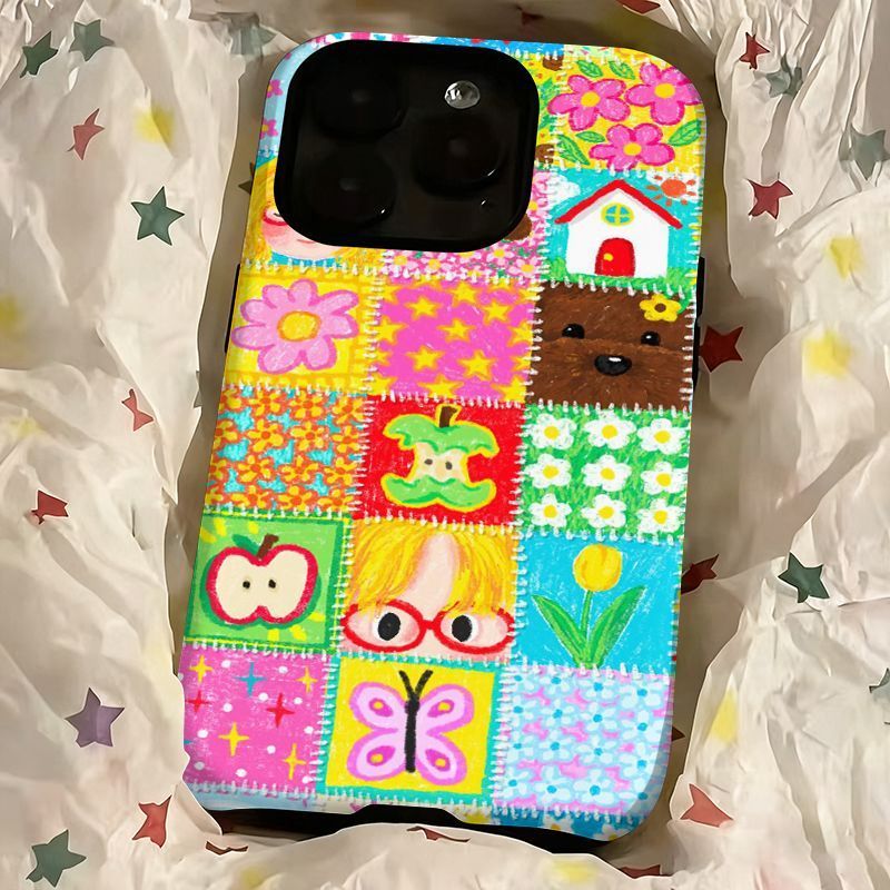 2-in-1 ฤดูใบไม้ผลิ Graffiti Apple 17/16 เคสโทรศัพท์ iPhone 15 Pro Max ฟิล์มใหม่ 14/13 Creative 12/11 Pro Max 7/8 Plus สองชั้นเคสโทรศัพท์เคลือบเงา