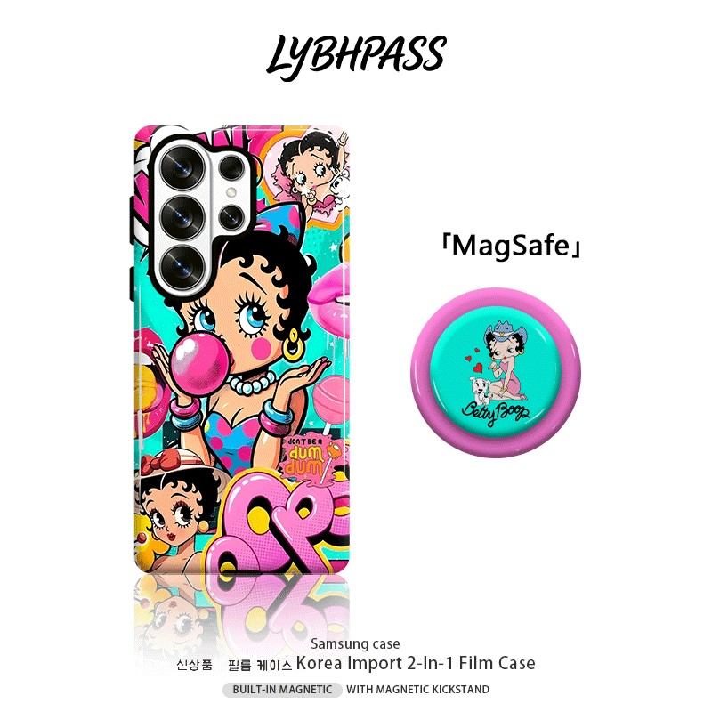 คสซัมซุง+มีขาตั้งแม่เหล็ก แม่เหล็ก MagSafe Betty Boop ป๊อปอาร์ต สีสันสดใส ขอบ2ชั้น เคส Samsung galaxy s20 fe s21 s22 plus s23 s24 s25 edge s26 ultra note20 ultra A07 A17 A27 A37 A54 A55 A56 A57 5G เปิดเลนส์ กันกระแทก โทรศัพท์ มือถือ case