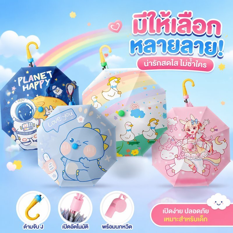 ร่มเด็กการ์ตูนฝนบังแดดป้องกันรังสียูวีนักเรียนนกหวีดไอศครีมจับแบบพกพา