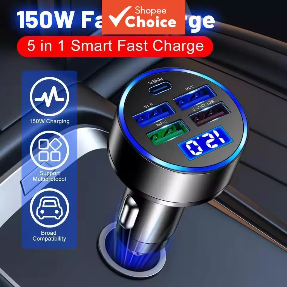 Type-C 5 พอร์ต 100W QC3.0 ที่ชาร์จแบตในรถที่จุดบุหรี่ PD Fast ชาร์จอะแดปเตอร์ชาร์จโทรศัพท์ในรถยนต์สําหรับ Xiaomi iPhone Samsung
