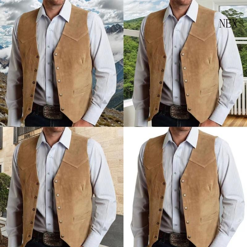 Men's Suedes Vest Cowboy Style Western Waistcoat Casual Slim Fit Suit Vest