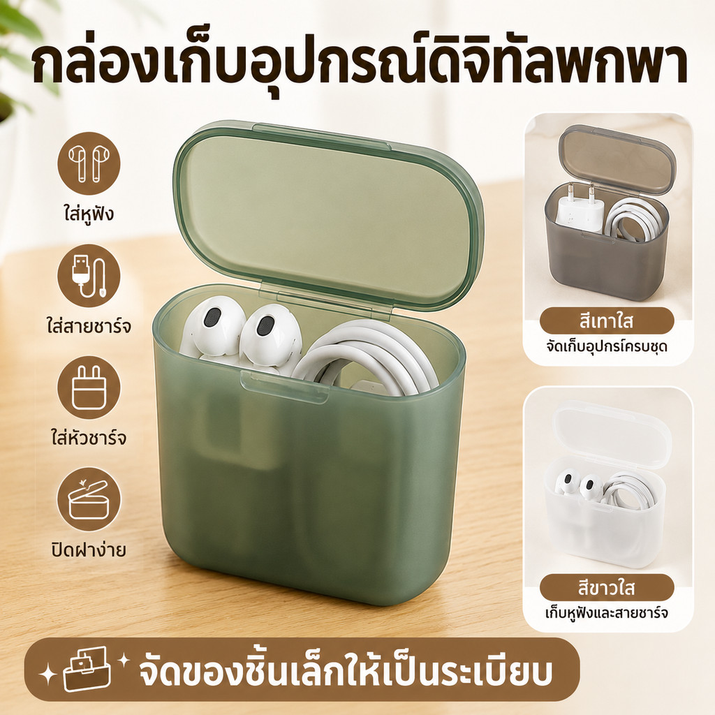 กล่องใส่อุปกรณ์เสริมมือถือแบบพกพา เก็บสายชาร์จ หูฟัง หัวปลั๊ก และของใช้ชิ้นเล็ก เหมาะสำหรับเดินทาง จัดโต๊ะให้เป็นระเบียบ