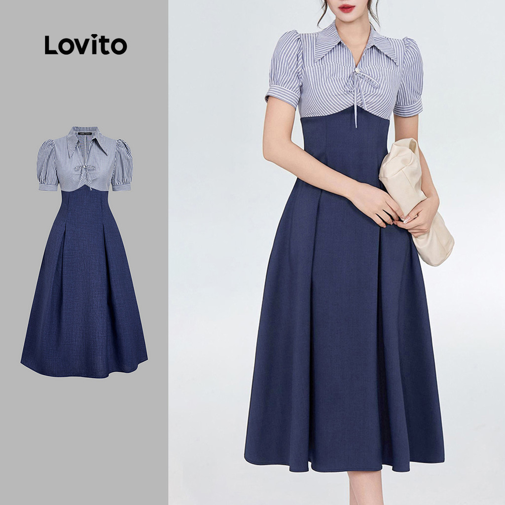 Lovito สง่างาม เดรสผ้าลูกไม้สีน้ําเงินกรมท่าสําหรับฤดูใบไม้ผลิ/ฤดูร้อน L165ED1571