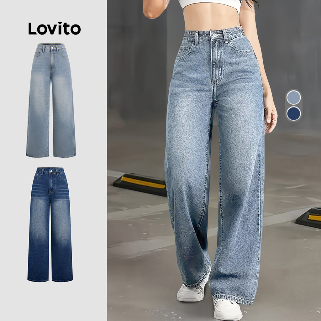 Lovito แคชชวล กางเกงยีนส์ทรงตรง สีฟ้า แบบเรียบง่าย เหมาะสําหรับฤดูใบไม้ผลิและฤดูร้อนสําหรับผู้หญิง LK5ED303