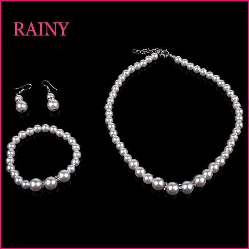 RAINY 3 ชิ้นประณีตสร้อยข้อมือมุกสร้อยคอต่างหูชุดแฟชั่นเครื่องประดับมุกของขวัญทุกการแข่งขันสําหรับวัน