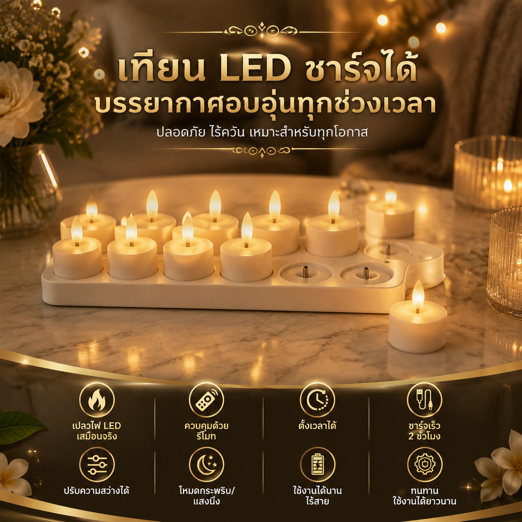 เทียน LED ชาร์จไฟได้ ไร้เปลวไฟ ปลอดภัย สร้างบรรยากาศโรแมนติกสำหรับบ้าน งานแต่ง และปาร์ตี้