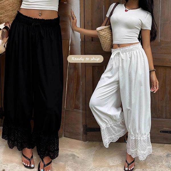 mimi-Women's Vintage Style Trousers ผ้าลูกไม้พอง แบบสบายๆ สำหรับวันหยุดและที่บ้าน สีขาว ทรงกว้าง ไม่มีซับใน#99530