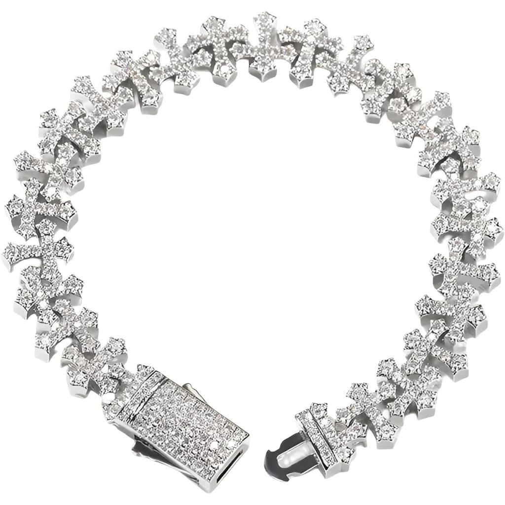 LUSSO 925 เงินสเตอร์ลิง Iced Out Cross สร้อยข้อมือผู้หญิงและผู้ชาย-5A + Iced Out Crosses Link CHAIN 