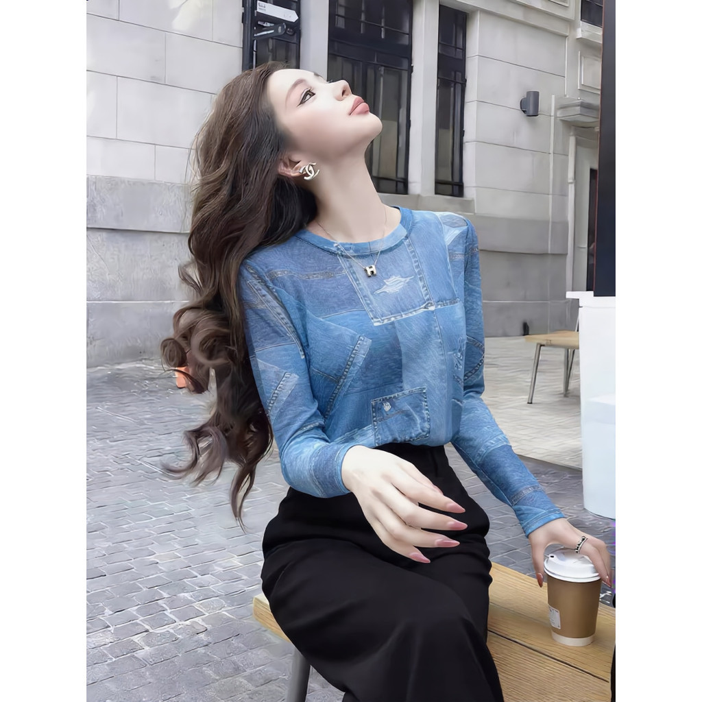 Retro Denim Patchwork พิมพ์เสื้อยืดแขนยาวผู้หญิงฤดูร้อนสไตล์ใหม่ Distressed Tear Design Sense Slim-f