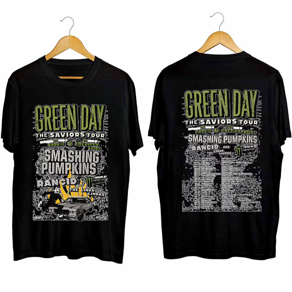 เสื้อยืด Green Day Band เสื้อยืด Green Day The Saviors Tour เสื้อยืด 2 ด้าน เสื้อยืด Green Day Conce