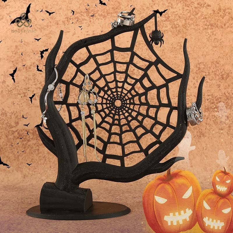 HELINYUE 3D พิมพ์ Spider Web ฮาโลวีนเครื่องประดับขาตั้งขนาดกะทัดรัดตกแต่งสําหรับเครื่องประดับขนาดเล็