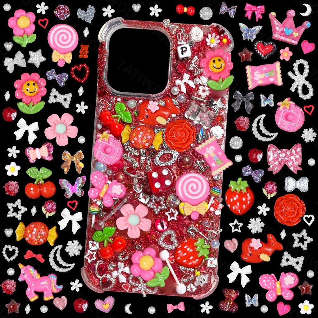 330 ชิ้น Junk กรณี Charms ชุด, Charms สําหรับ Junk กรณี, Junk สําหรับกรณี, เคสโทรศัพท์ ชุดดอกไม้สีแด