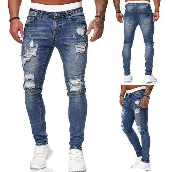 WISH Mens Hip-Hop Skinny Ripped Skinny Slim-fit Jeans Street Street Wear Quality Denim Trend