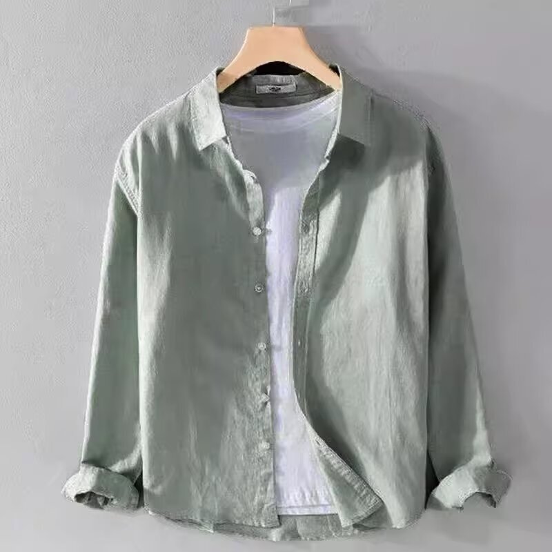 Asian Square Neck Long Sleeves Shirt Mens Wide Shirt Youth Business Casual Solid Color Top Outer 8.5