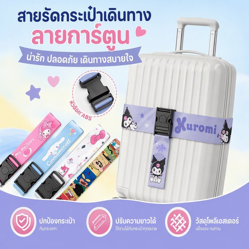 สายรัดกระเป๋าเดินทาง ลายการ์ตูน โพลีเอสเตอร์ ปรับความยาวได้ หัวล็อค I ABS กันกระแทก