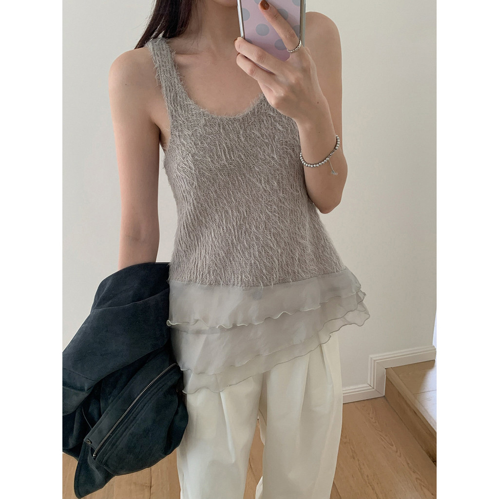 Inbyin ไม่สม่ําเสมอหยัก patchwork ถัก camisole ออกแบบเสื้อแขนกุด