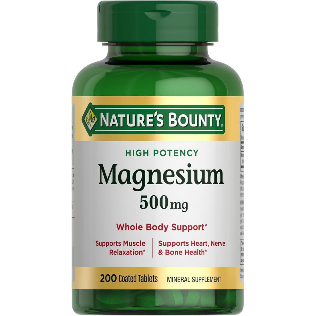 Nature's Bounty Magnesium Coated Tablets 200 เม็ด ผลิตภัณฑ์เสริมอาหาร 500mg สูตร high‑potency เหมาะสำหรับผู้ที่ต้องการเติมแร่ธาตุแมกนีเซียมเป็นประจำ
