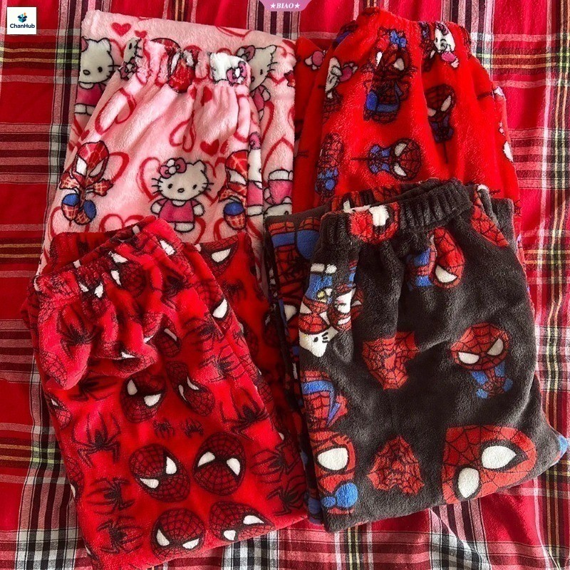 ผู้หญิง Hello Kitty Spider Man กางเกงขนแกะฤดูหนาวที่อบอุ่นการ์ตูนพิมพ์หนา Plush Pajama Lounge Casual กางเกงขายาว