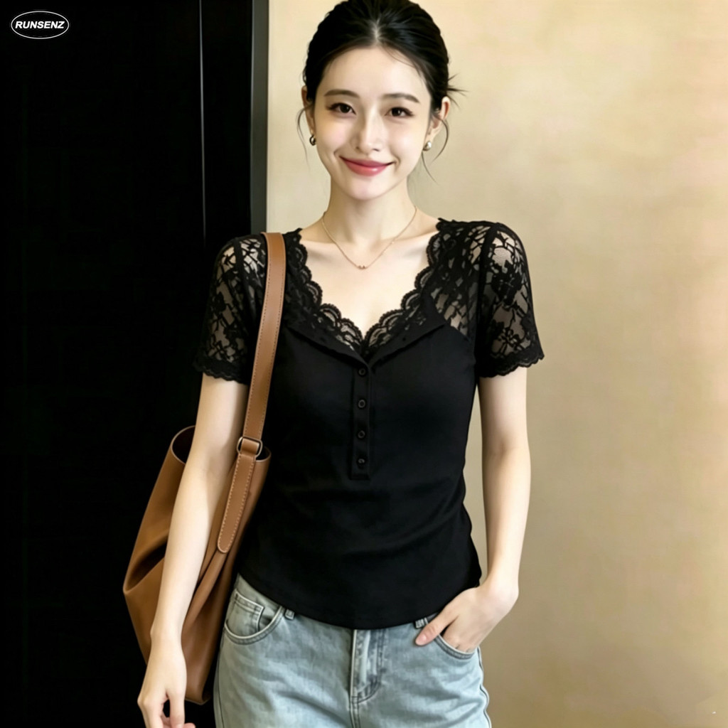 M-4XL อินเทรนด์สีดําแขนสั้น V คอลูกไม้ Henley เสื้อผู้หญิง Plus ขนาดเสื้อหลวม