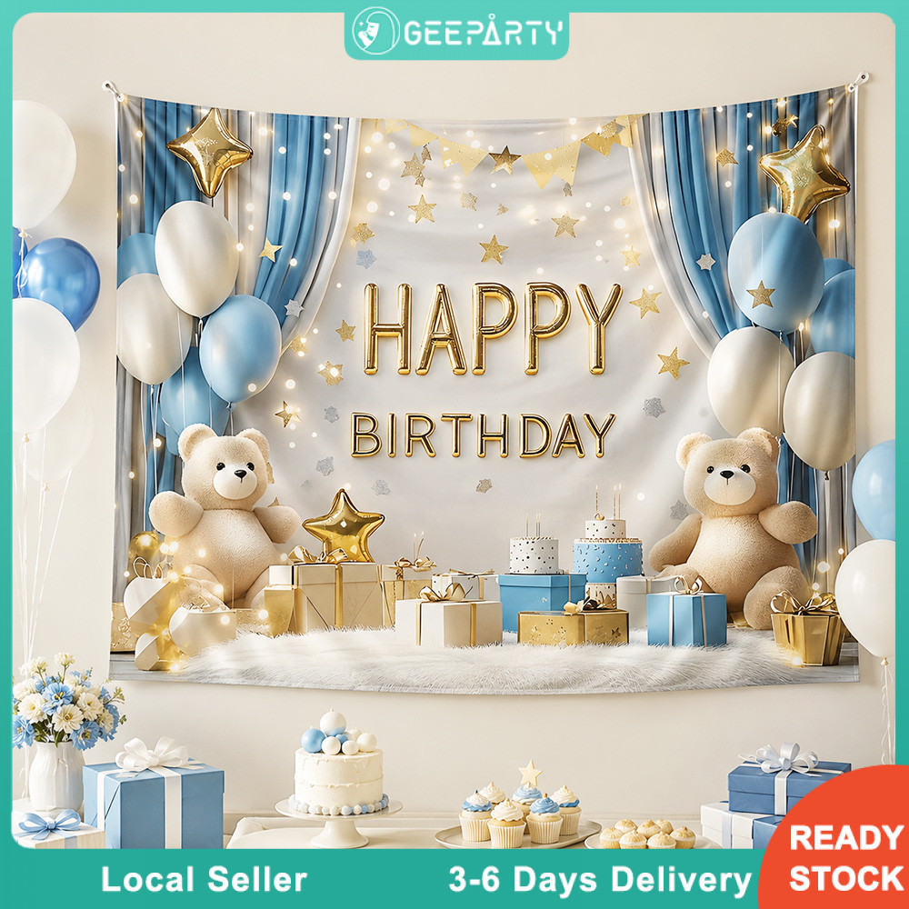 GeeParty ฉากหลังวันเกิด 150CM 3D ลายหมี สีฟ้าขาวเรโทร สำหรับถ่ายรูป ตกแต่งปาร์ตี้