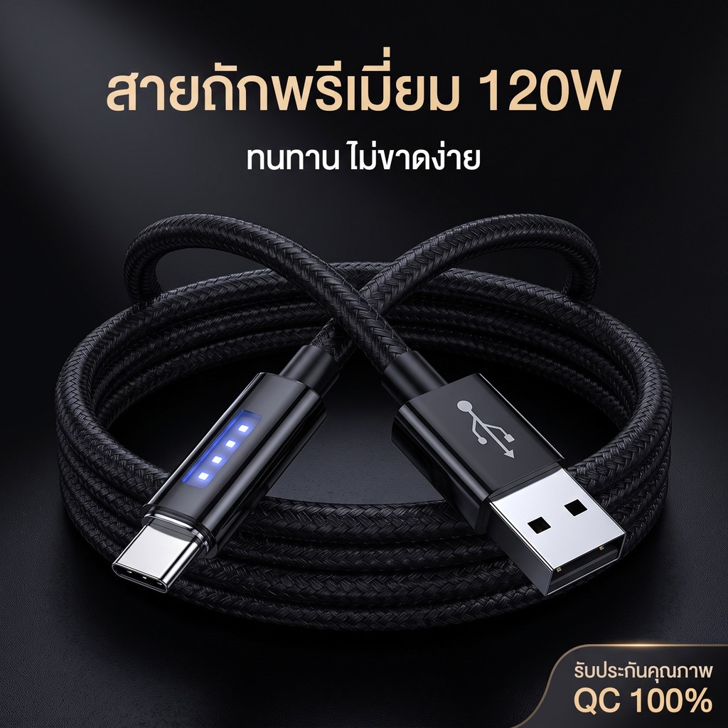 สายชาร์จเร็ว 120W 6A ชาร์จด่วน ตัดไฟอัตโนมัติ สายถักไนลอน มีไฟ LED TypeC ใช้สำหรับIP Huawei Samsung Xiaomi OPPO vivo1-2ม