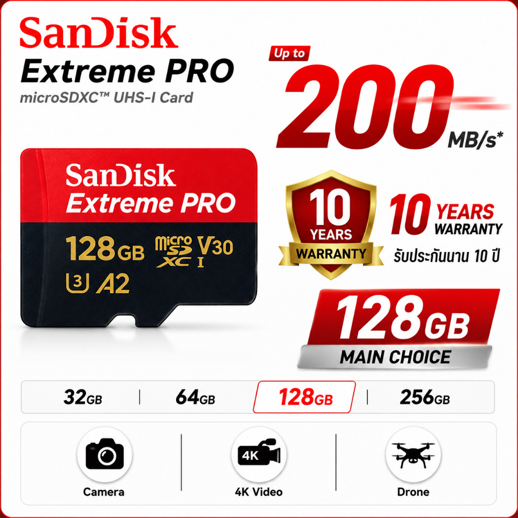 (ส่งด่วน) SANDISK Micro SDcard Extreme Pro 32GB/64GB/128GB/256GB (200MB) UHS-I V30 U3 เมม Memory card แท้