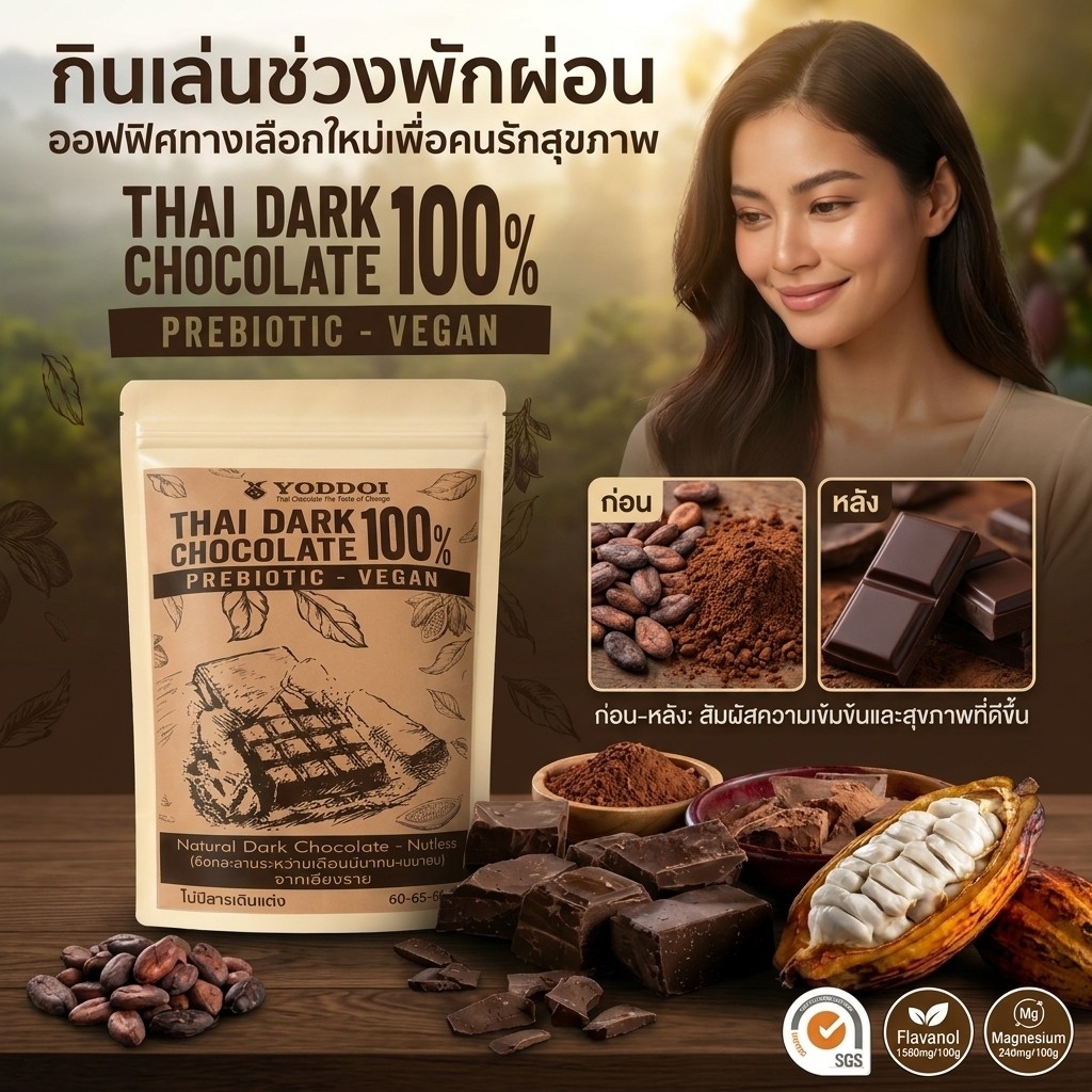 ช็อกโกแลตดำแท้ 100% จากเชียงราย 0 น้ำตาล ไม่มีน้ำตาล ไขมันต่ำ รสเข้มข้น หอมกลมกล่อม สำหรับคนรักสุขภาพ