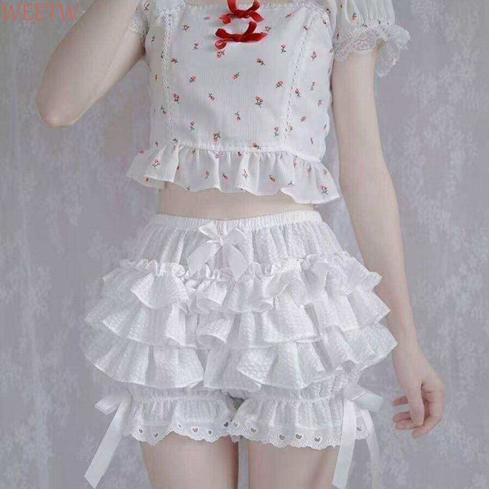 WEEKW Lace Bow Safety Pants, Pleated Ruffle Bloomers Shorts, Y2K Aesthetic JK Lolita Layered Anti-gl