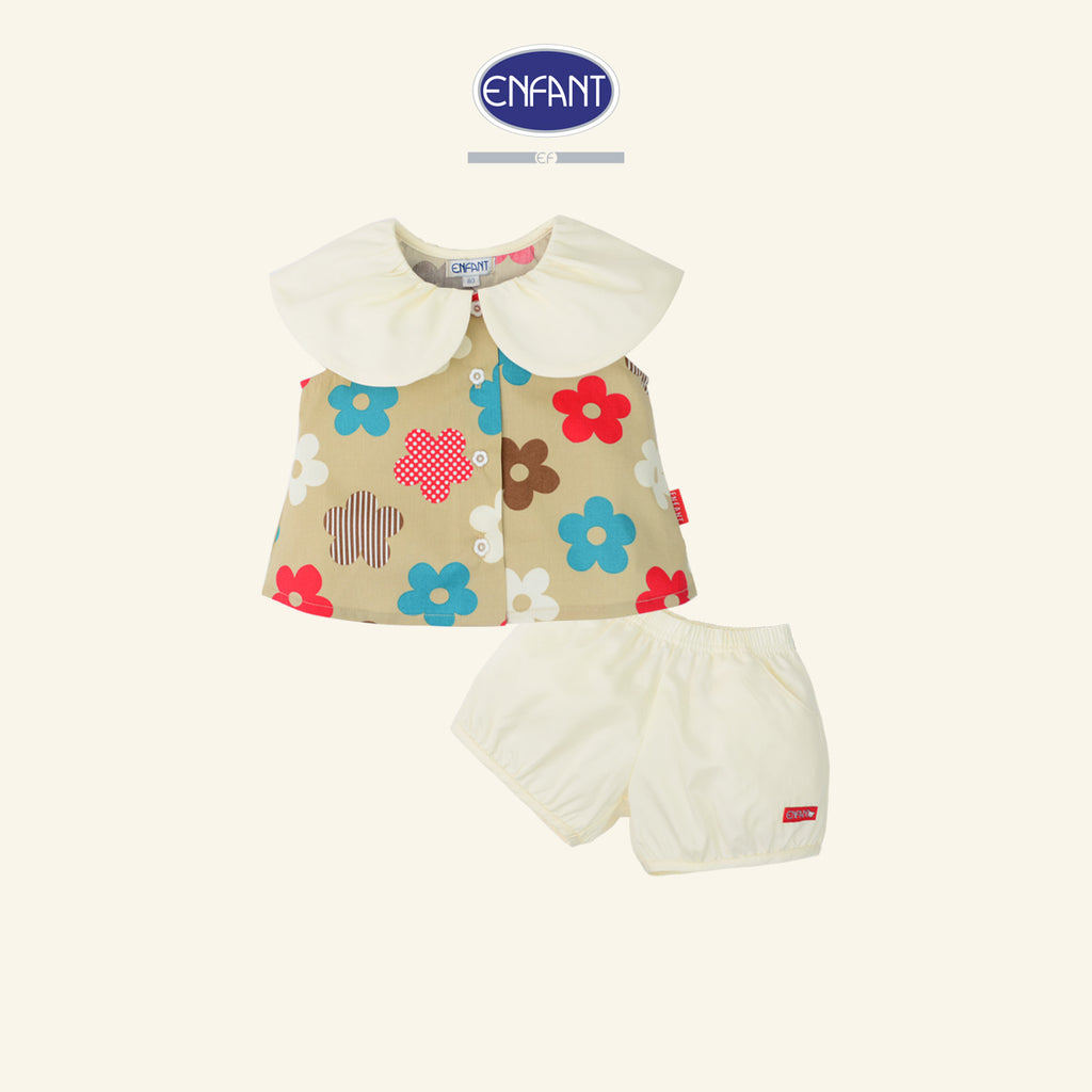 Enfant ชุดเซ็ตเด็กผู้หญิงเสื้อแขนกุด+กางเกงขาสั้น ลายดอกไม้สีน้ำตาล 6เดือน-8ปี EE1X15