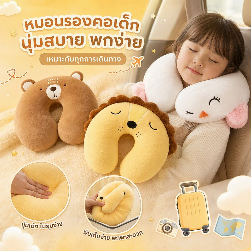 หมอนรองคอเด็ก ลายการ์ตูน หมอนเดินทาง นุ่มเด้ง รองรับคอ ไดโนเสาร์ สิงโต หมี ยูนิคอร์น