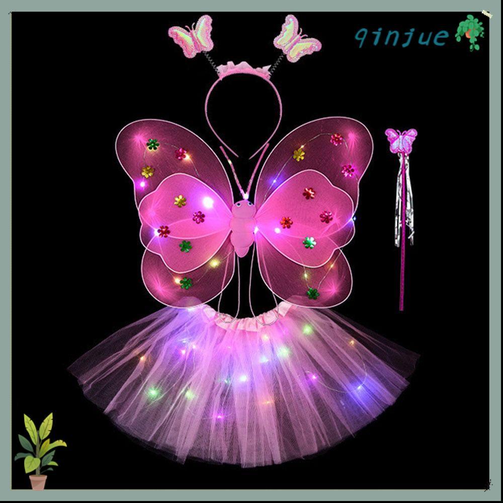 QINJUE กระโปรงเด็กผู้หญิง Princess Hair Hoop 2-8 ปี Dressing Up ชุดแฟนซีชุด Angel Luminous Wings