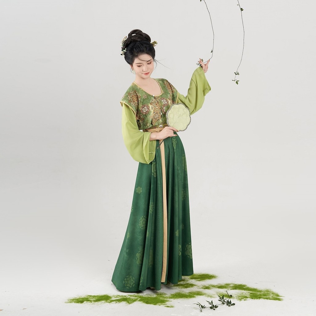 T Tang Made Hanfu ผู้หญิง Fu Dunhuang กลุ่มดอกไม้ Tang Yuzi หมุนเสื้อคอกลมกระโปรงแปดหัก Commuter ชุด