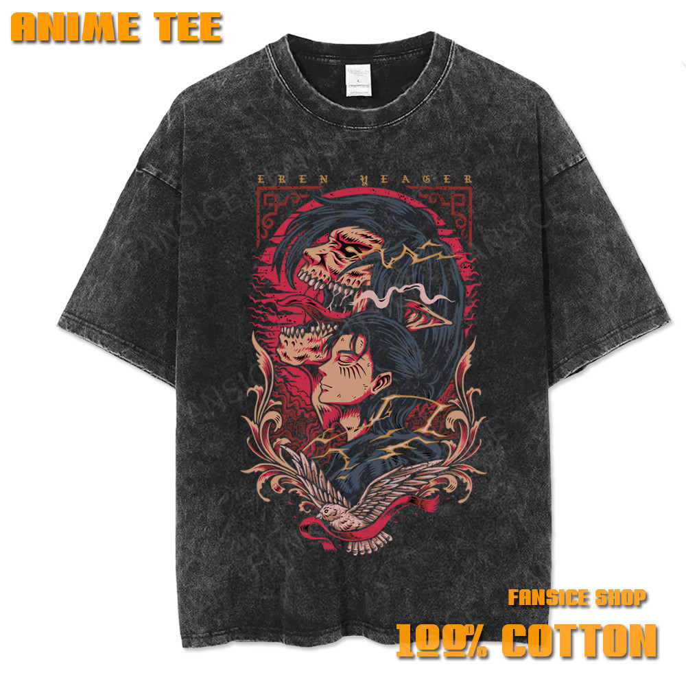 🌺 Eren Yeager Attack On Titan Washed T-Shirt ผ้าฝ้าย100% นุ่มระบายอากาศ เสื้อยืดอนิเมะ สต็อกพร้อมส่ง