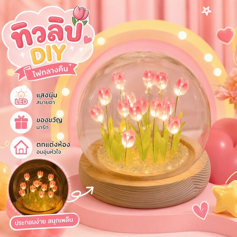ดอกไม้อมตะ ทิวลิป DIY สวยงาม ไฟกลางคืน ตกแต่งห้อง งานฝีมือ ประดับโต๊ะ ของขวัญวันเกิด ของเล่น
