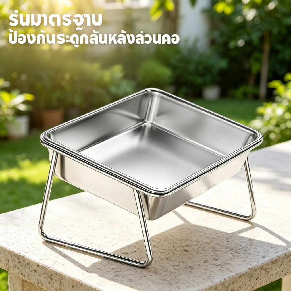 ชามสัตว์เลี้ยง สแตนเลส 304 ขาตั้งสูงเอียง 15องศา ปกป้องคอ กันโค่น สำหรับแมว หมา