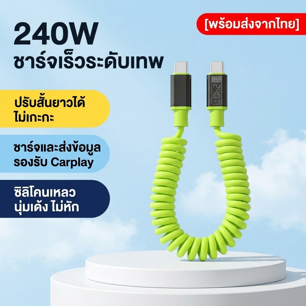 สายชาร์จโทรศัพท์ 240W Type-C สปริงซิลิโคน ยืดหด จัดเก็บง่าย ใช้ในรถ ใช้สำหรับ IP Huawei Samsung Xiaomi OPPO vivo 1/2m