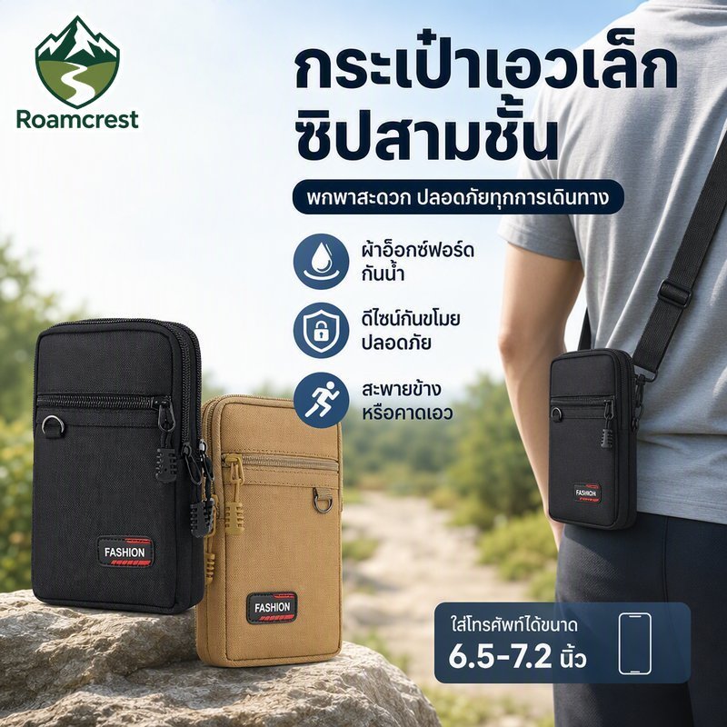 กระเป๋าคาดเอวกันน้ํา กระเป๋าใส่โทรศัพท์แบบสะพายข้าง Anti Theft Triple Zipper น้ําหนักเบากลางแจ้ง