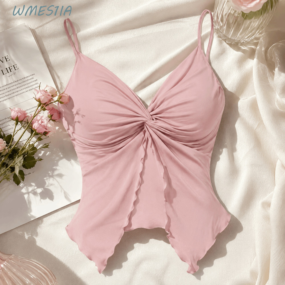 WMES1IA แขนกุด Camisole, Slim Fit V คอแยก Crop Top, Tank Top Streetwear Y2K Twist ด้านหน้าสลิงเสื้อก