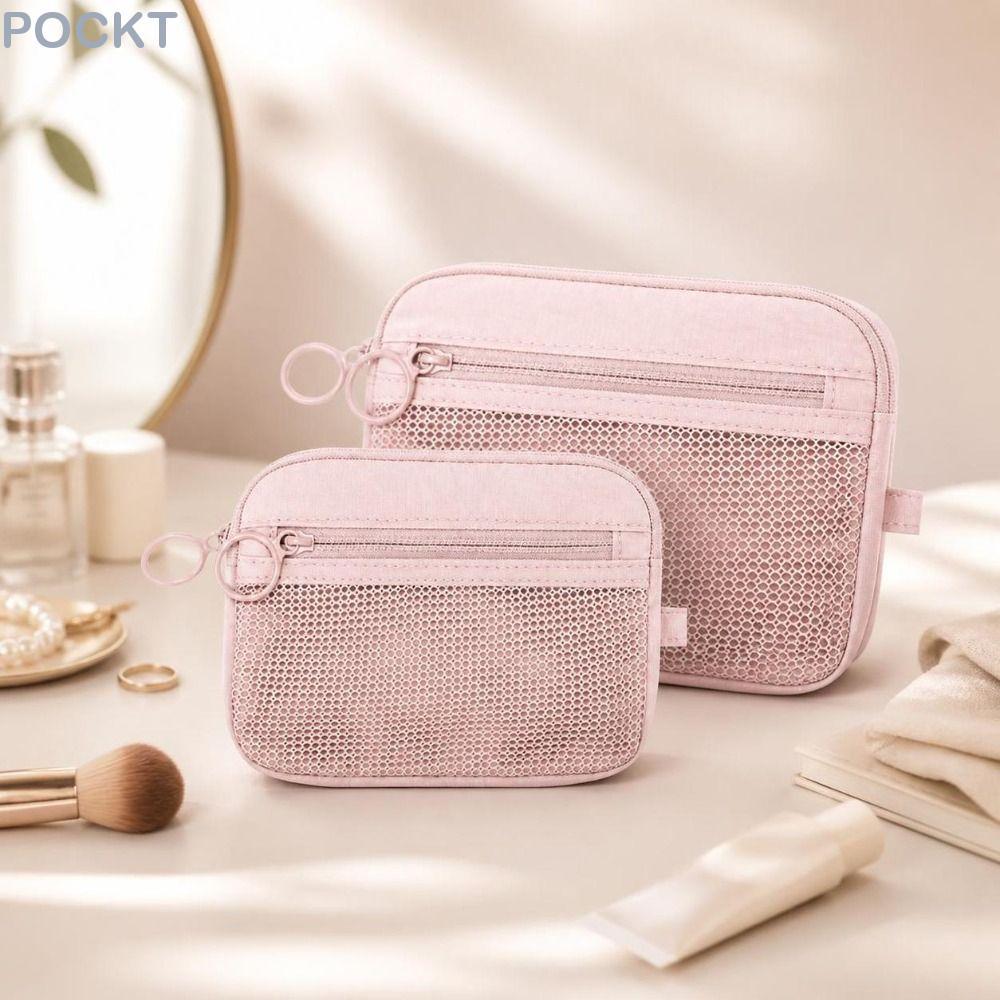 POKT Travel Organizer,Double Layer Pink Mesh Storage Pouch, Zipper Portable Nylon Cosmetic Bag for K
