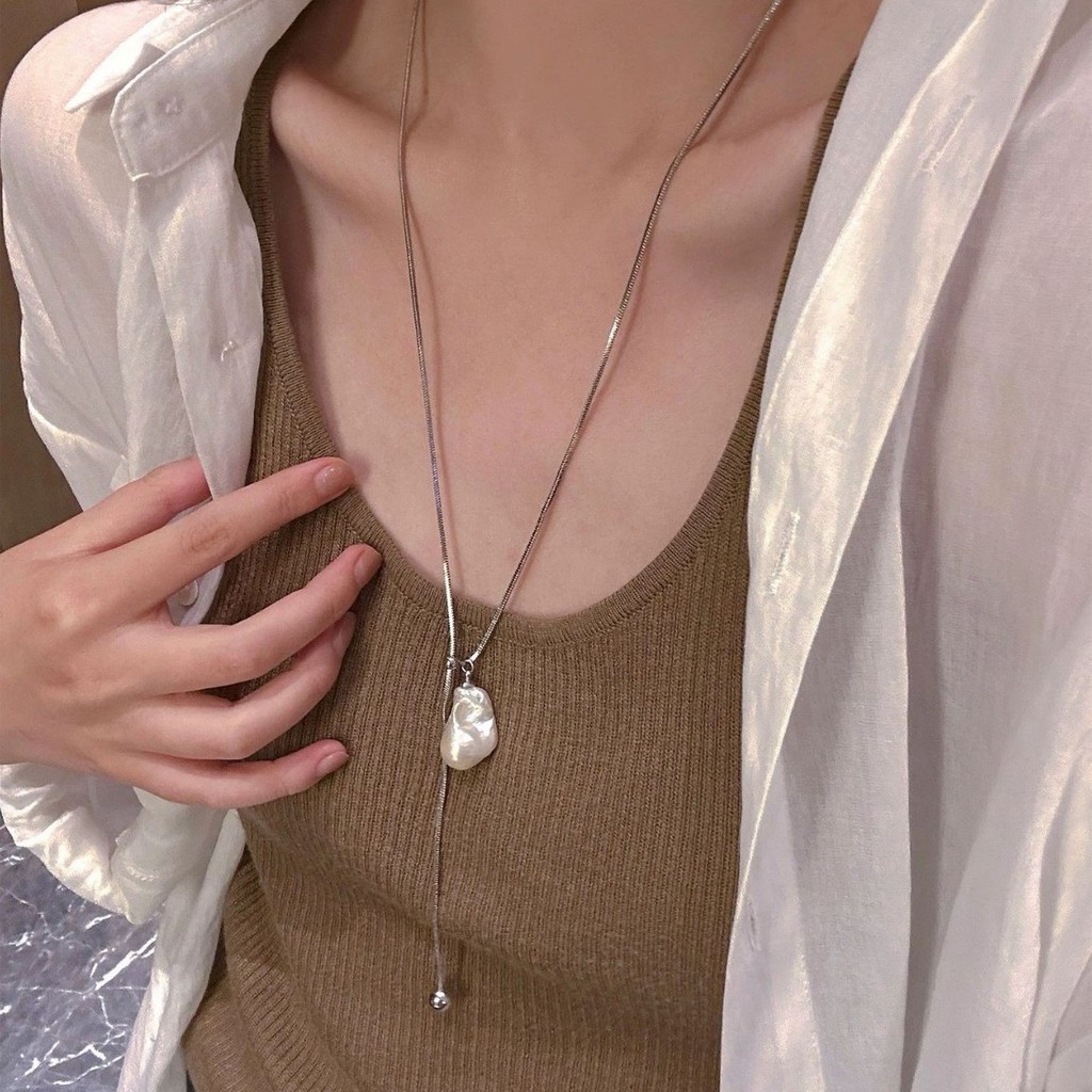 สไตล์ใหม่ Classy Baroque Pearl สร้อยคอเหล็กไทเทเนียมผู้หญิงฤดูใบไม้ร่วงฤดูหนาวสไตล์ยาว Non-Fade สร้อ