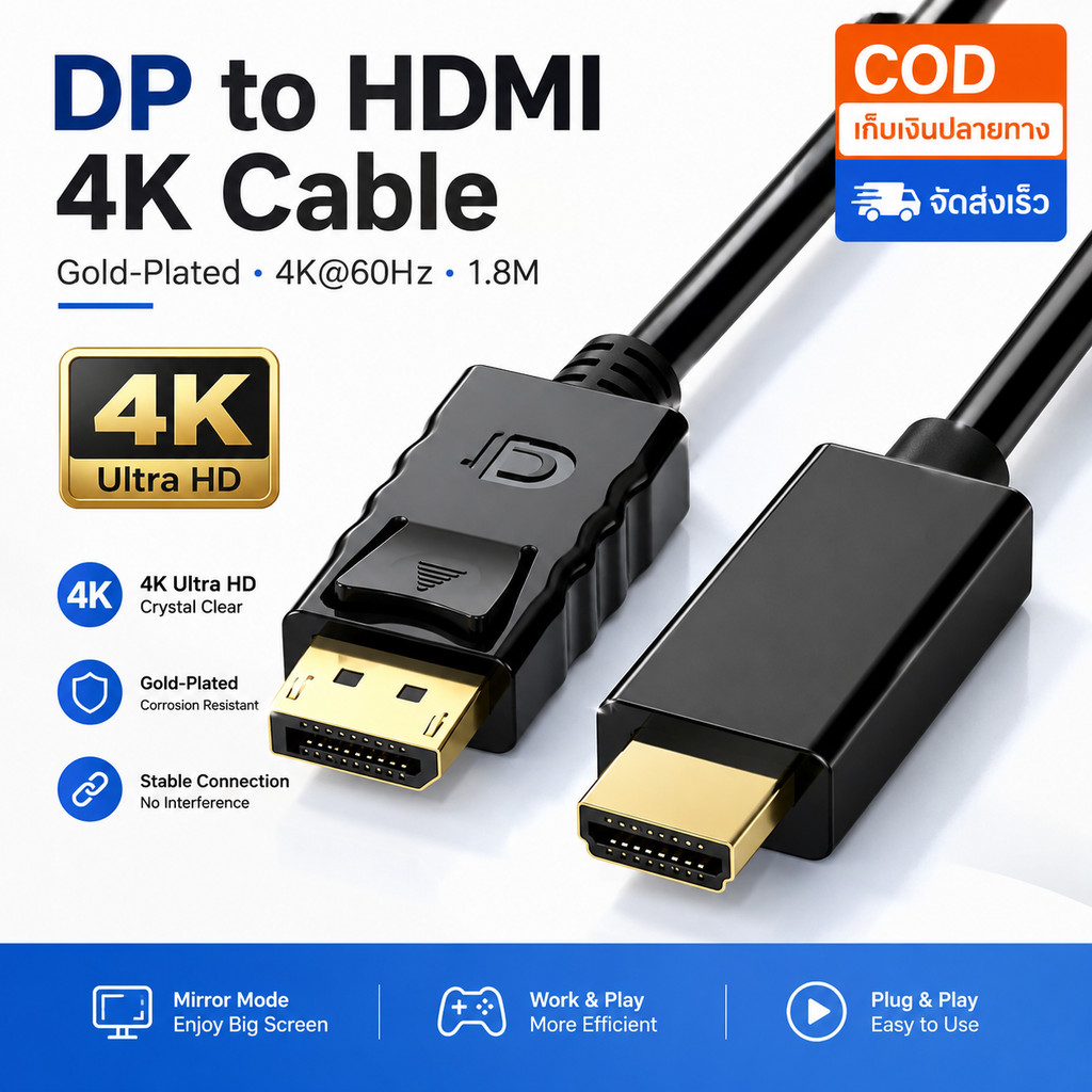 【4K】เคเบิล DP เป็น HDMI ความเร็วสูง 1.8M/3M ชุบทอง ชาย Display Port ถึงชาย HDTV สำหรับจอมอนิเตอร์ PC