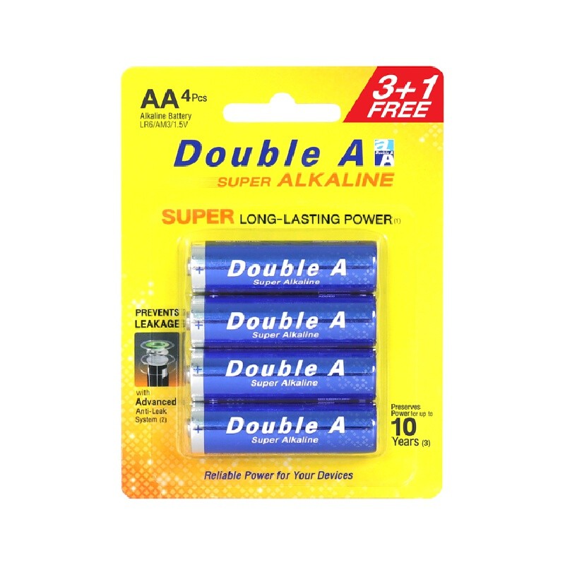 DOUBLE A ถ่านอัลคาไลน์ 1.5V ขนาด AA  แพ็ค 3+1 ก้อน
