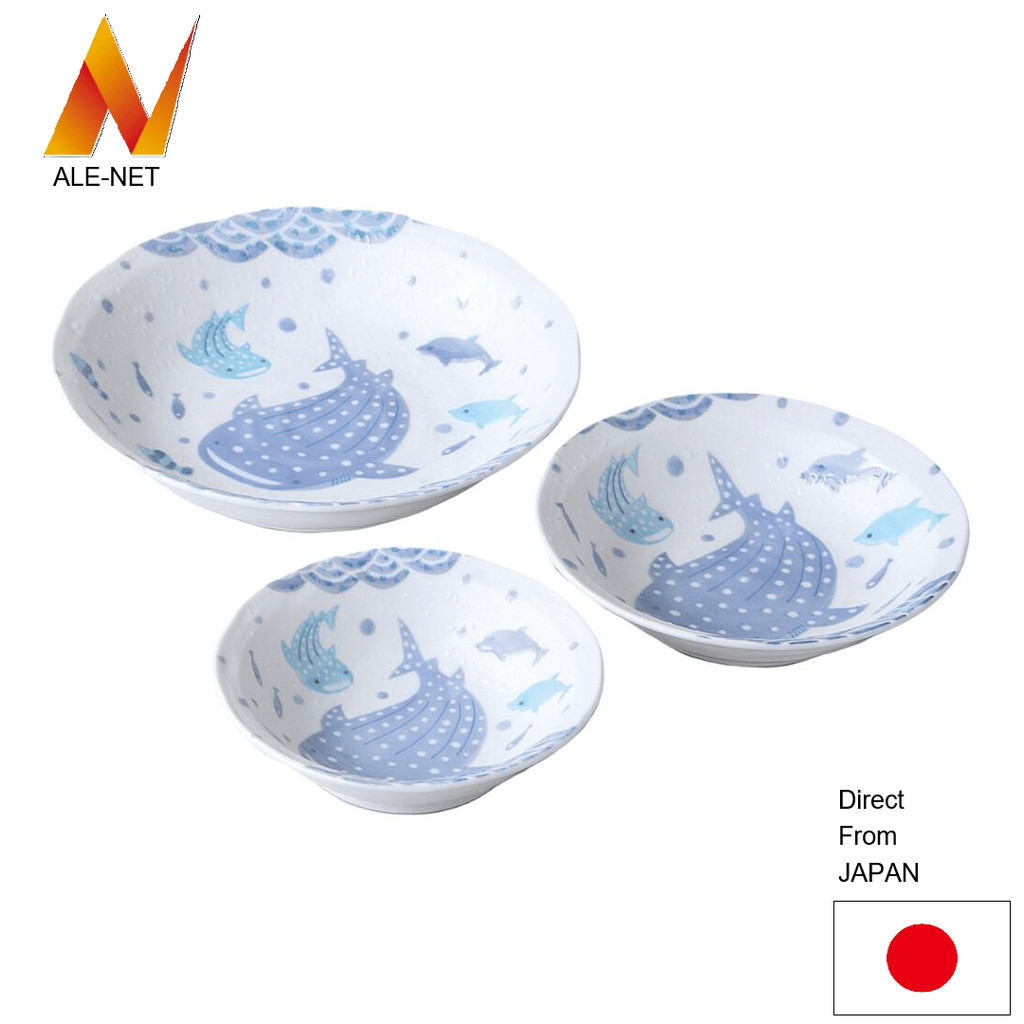ALE-NET ชุดชามขนาดกลาง ลายคลื่น (Jinbei) ชุด 3 ใบ ทำจากพอร์เซลิน (Mino Ware) ผลิตในประเทศญี่ปุ่น สามารถใช้กับไมโครเวฟและเครื่องล้างจานได้ 【ส่งตรงจากญี่ปุ่น】
