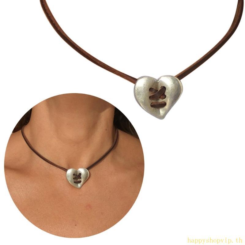 HSV Patched Heart จี้สร้อยคอ Boho เชือกขี้ผึ้งสั้นสร้อยคอสร้อยคอ Choker