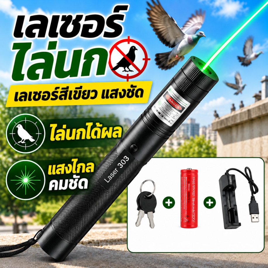 🔥เลเซอร์ไล่นก สีเขียว 303 แสงชัด โหมดดาวกระจาย พกพาง่าย สำหรับไล่นกและชี้งาน Laser Pointer
